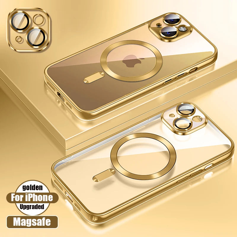 Clear Plating Ultrathin Silicone Case For iPhone 15 14 13 12 11 Pro Max Plus Magsafe Magnetic Lens Film Protect Cover Girls Pink