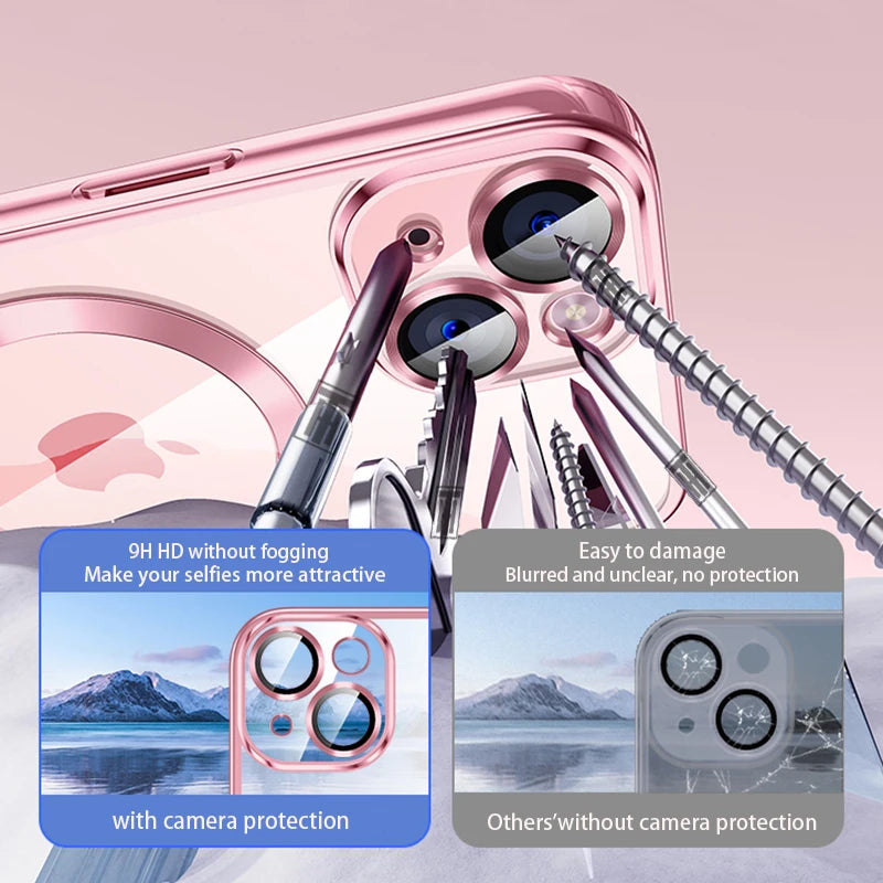 Clear Plating Ultrathin Silicone Case For iPhone 15 14 13 12 11 Pro Max Plus Magsafe Magnetic Lens Film Protect Cover Girls Pink