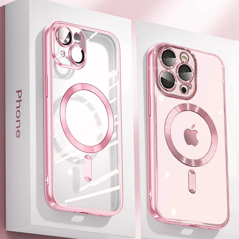 Clear Plating Ultrathin Silicone Case For iPhone 15 14 13 12 11 Pro Max Plus Magsafe Magnetic Lens Film Protect Cover Girls Pink