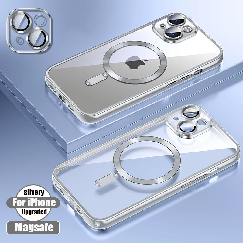Clear Plating Ultrathin Silicone Case For iPhone 15 14 13 12 11 Pro Max Plus Magsafe Magnetic Lens Film Protect Cover Girls Pink