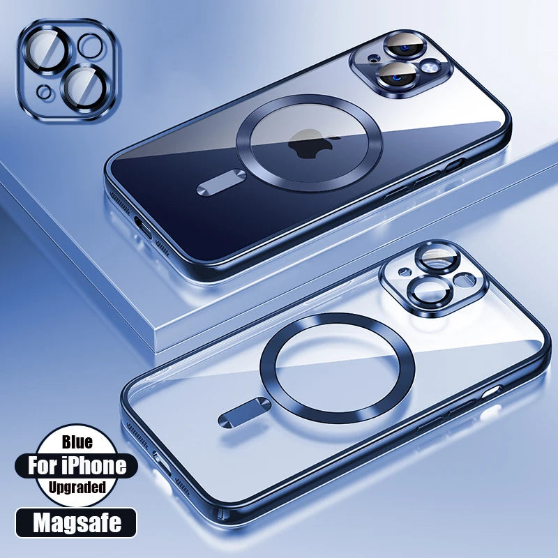 Clear Plating Ultrathin Silicone Case For iPhone 15 14 13 12 11 Pro Max Plus Magsafe Magnetic Lens Film Protect Cover Girls Pink