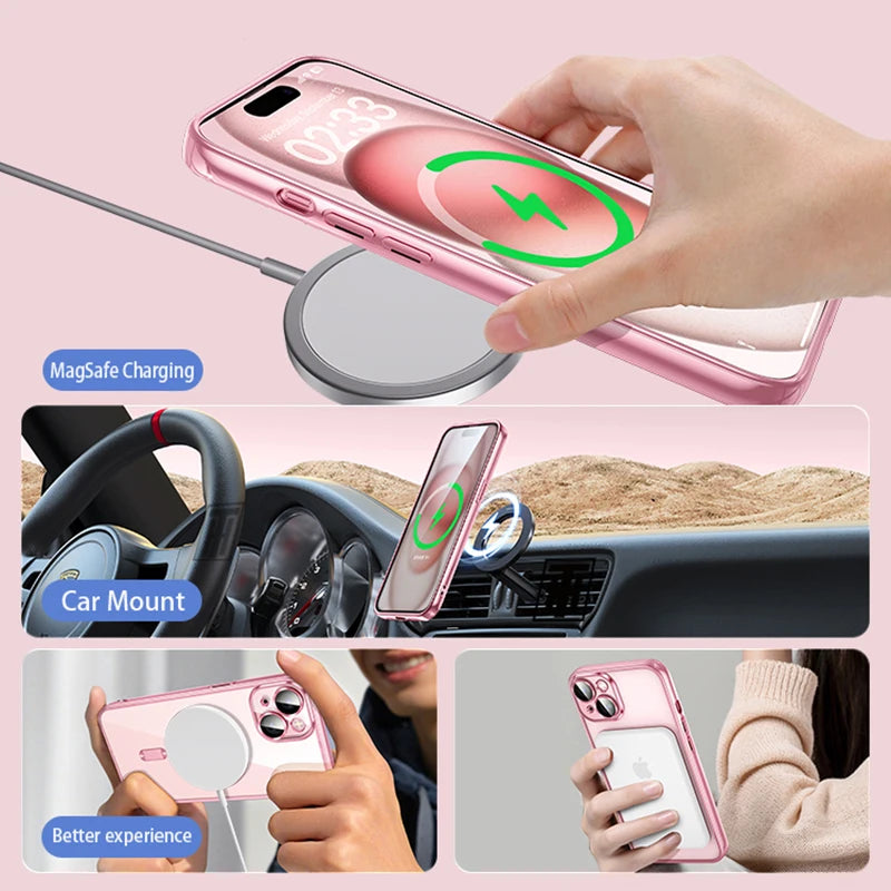 Clear Plating Ultrathin Silicone Case For iPhone 15 14 13 12 11 Pro Max Plus Magsafe Magnetic Lens Film Protect Cover Girls Pink