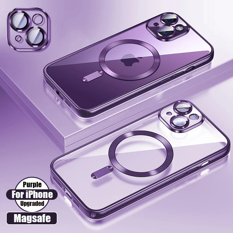Clear Plating Ultrathin Silicone Case For iPhone 15 14 13 12 11 Pro Max Plus Magsafe Magnetic Lens Film Protect Cover Girls Pink