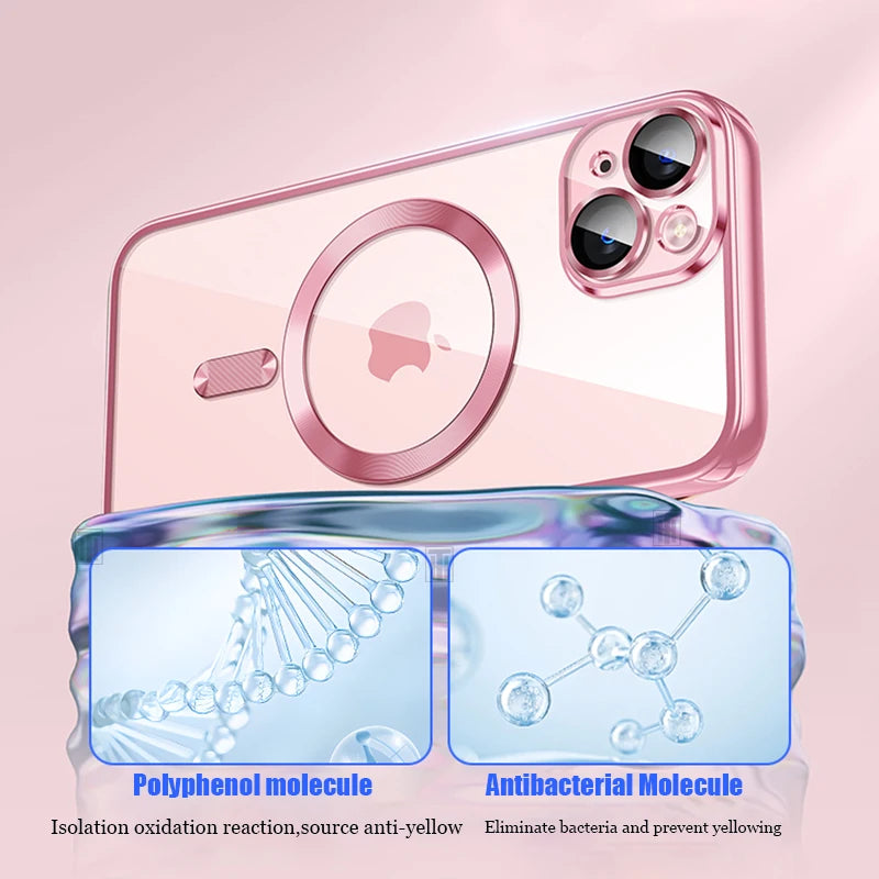 Clear Plating Ultrathin Silicone Case For iPhone 15 14 13 12 11 Pro Max Plus Magsafe Magnetic Lens Film Protect Cover Girls Pink