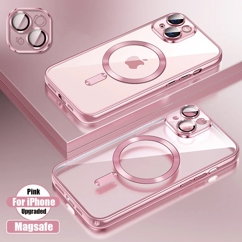 Clear Plating Ultrathin Silicone Case For iPhone 15 14 13 12 11 Pro Max Plus Magsafe Magnetic Lens Film Protect Cover Girls Pink