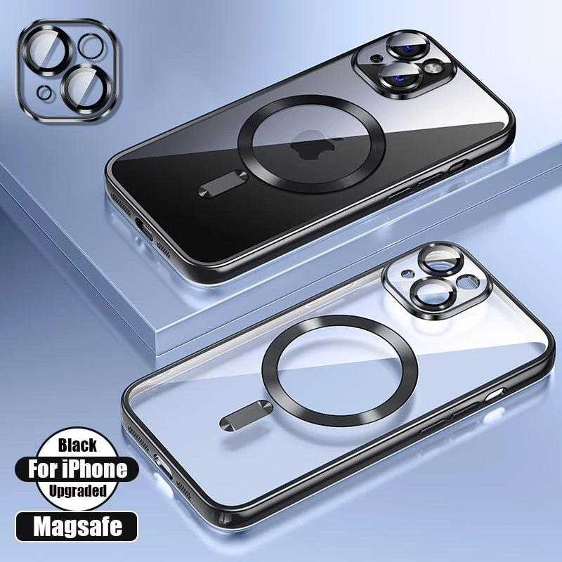 Clear Plating Ultrathin Silicone Case For iPhone 15 14 13 12 11 Pro Max Plus Magsafe Magnetic Lens Film Protect Cover Girls Pink