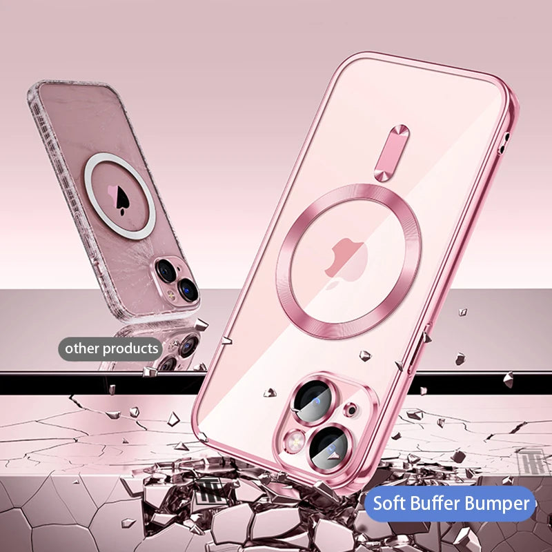 Clear Plating Ultrathin Silicone Case For iPhone 15 14 13 12 11 Pro Max Plus Magsafe Magnetic Lens Film Protect Cover Girls Pink